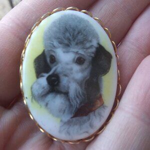 Vintage  Poodle  dog Portrait Porcelain Brooch  gold tone trim very sweet